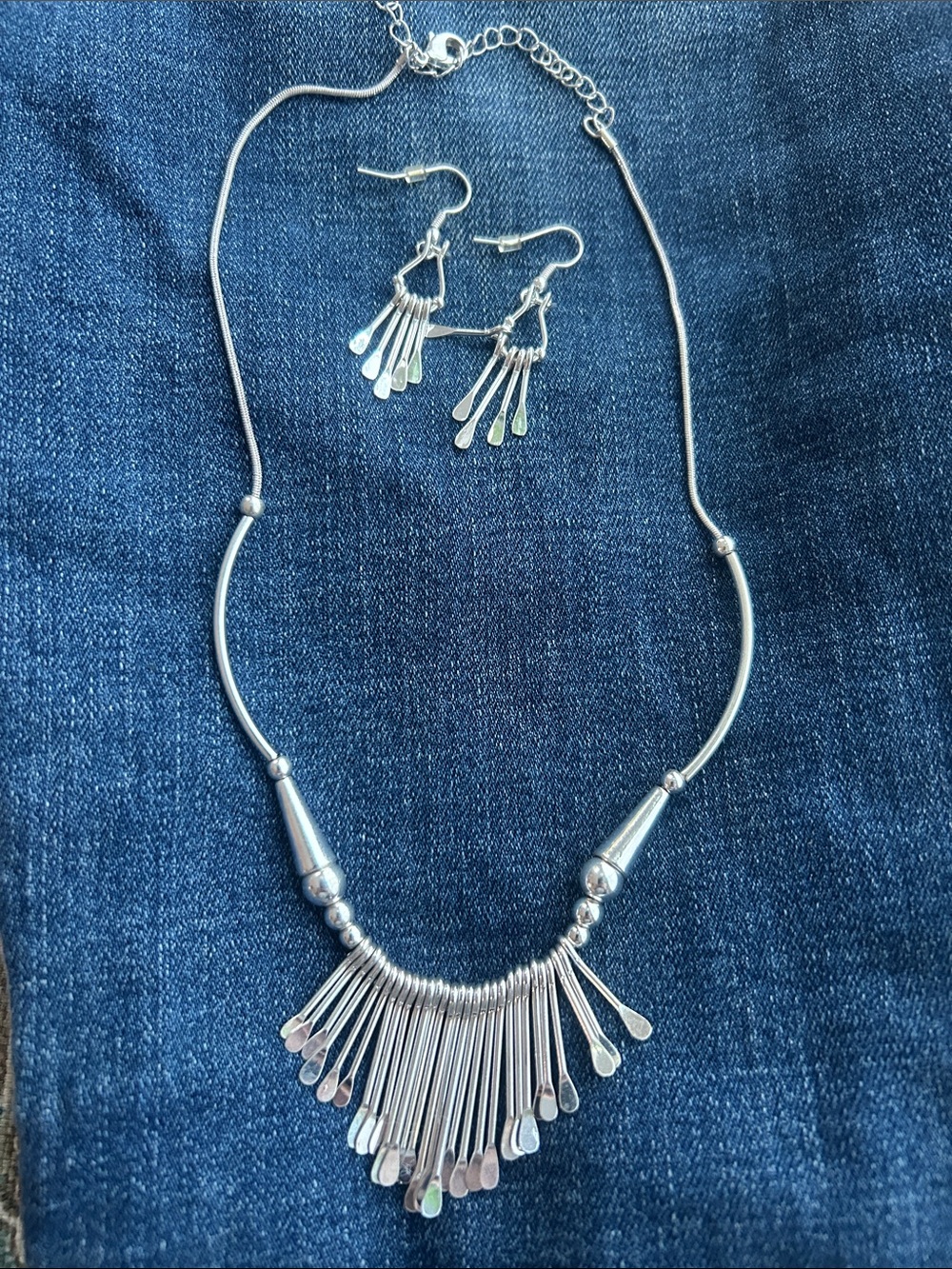Silver Fringe Statement Necklace and Earrings Set